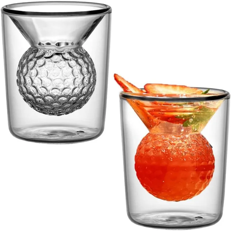 50ML 3D Mini Whiskey Glasses Double Walled Golf Ball Shape Glass Cup Clear Shot Glasses for Cocktail Vodka Gift for Golf Lover