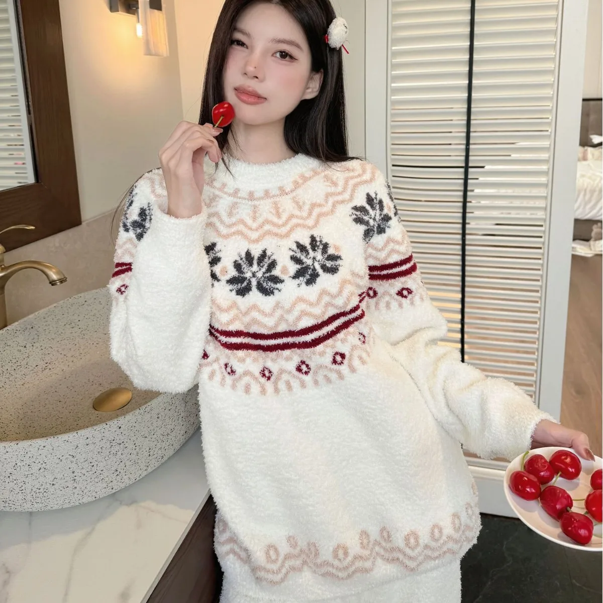 Vintage Fair Island Christmas sweater winter pajamas soft  sticky jacquard knitted sweater American lazy style jacquard homewear