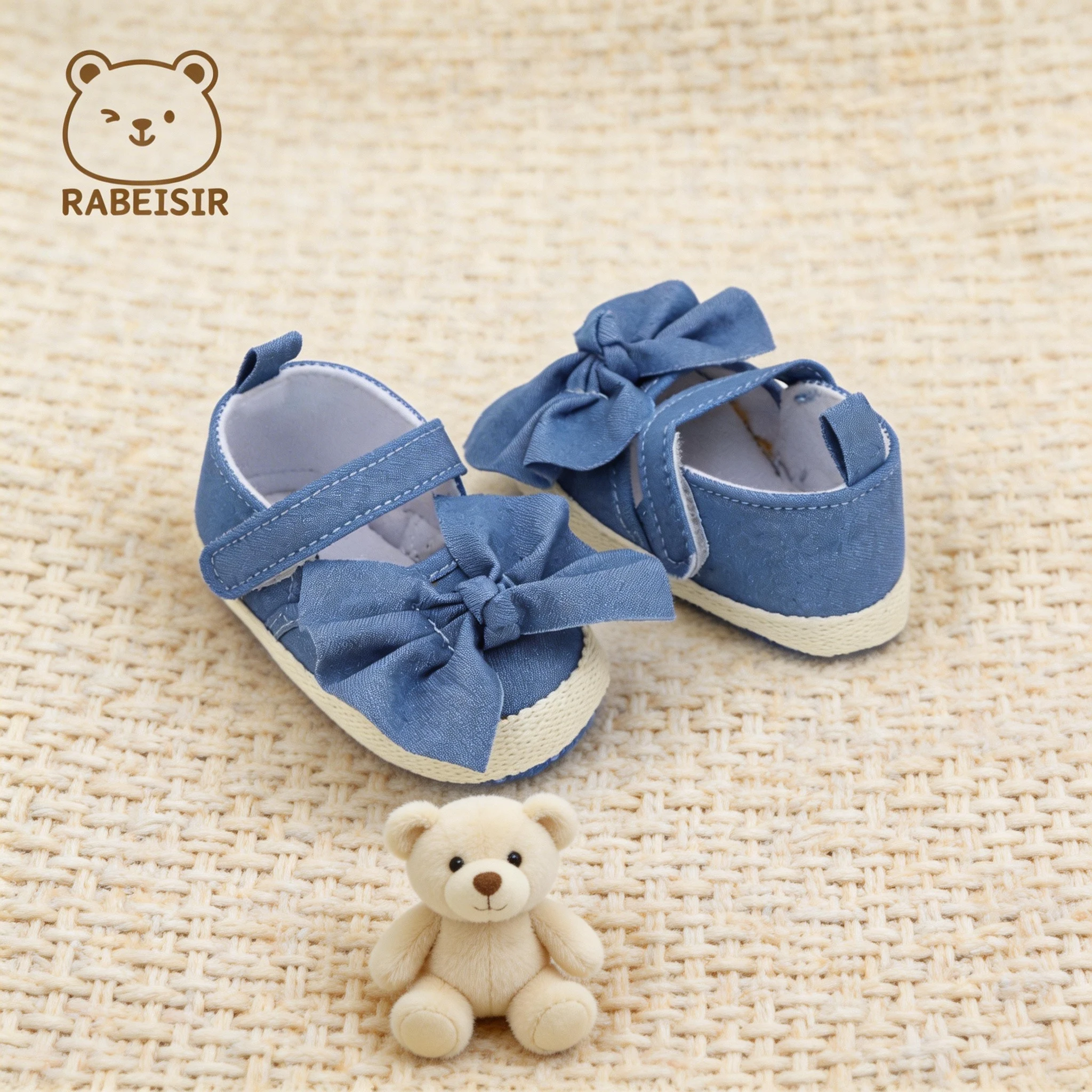 Baby Girls Mary Jane Shoes 0‑18 Months Denim Big Bow Decor Hook&Loop Soft Sole Infant First Walker Shoes