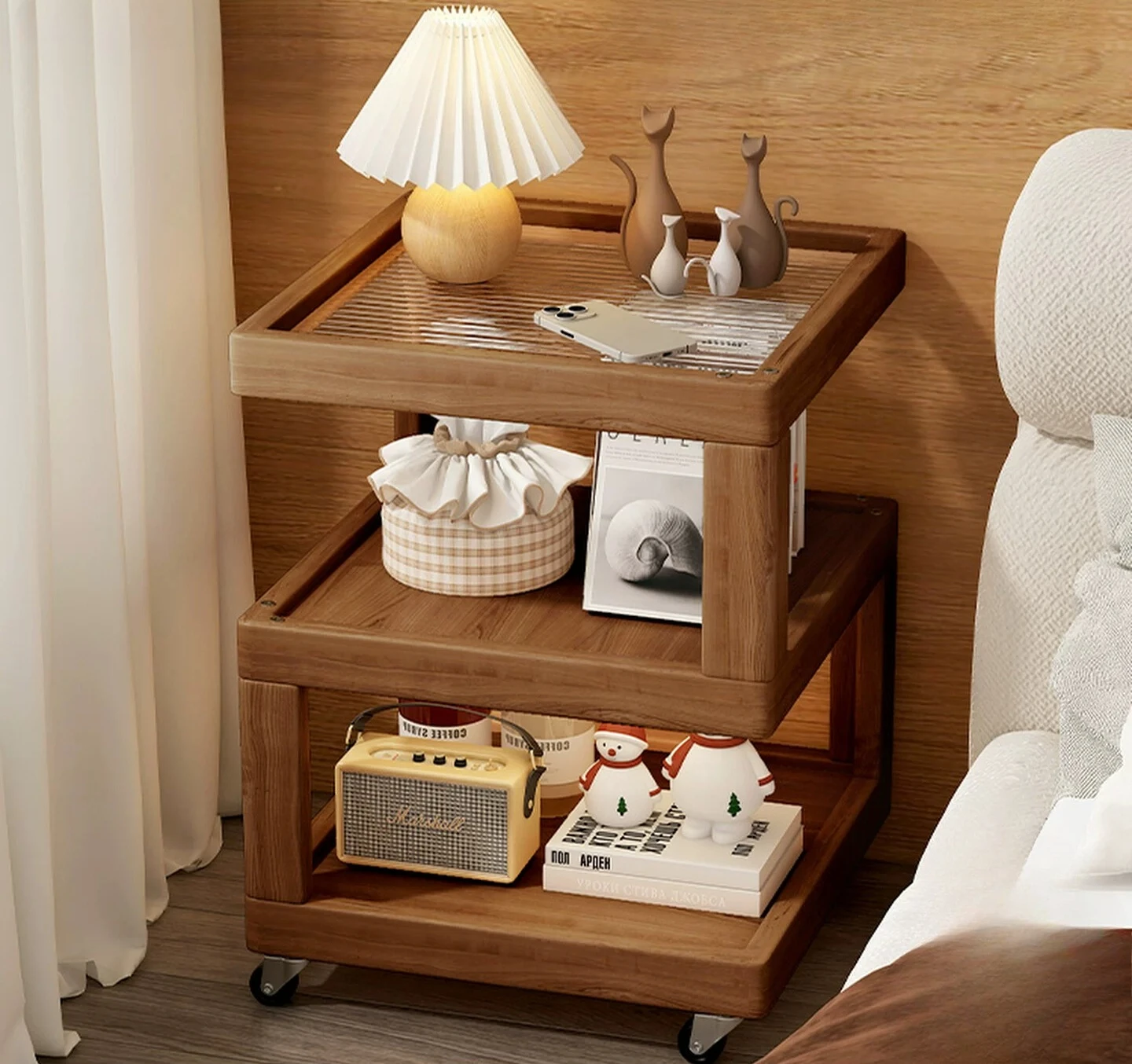 Japanese 3-Tier Open Nightstand Storage Mobile Solid Wood Table Multifunctional Cart Bedroom Living Room Decor Storage Organizer