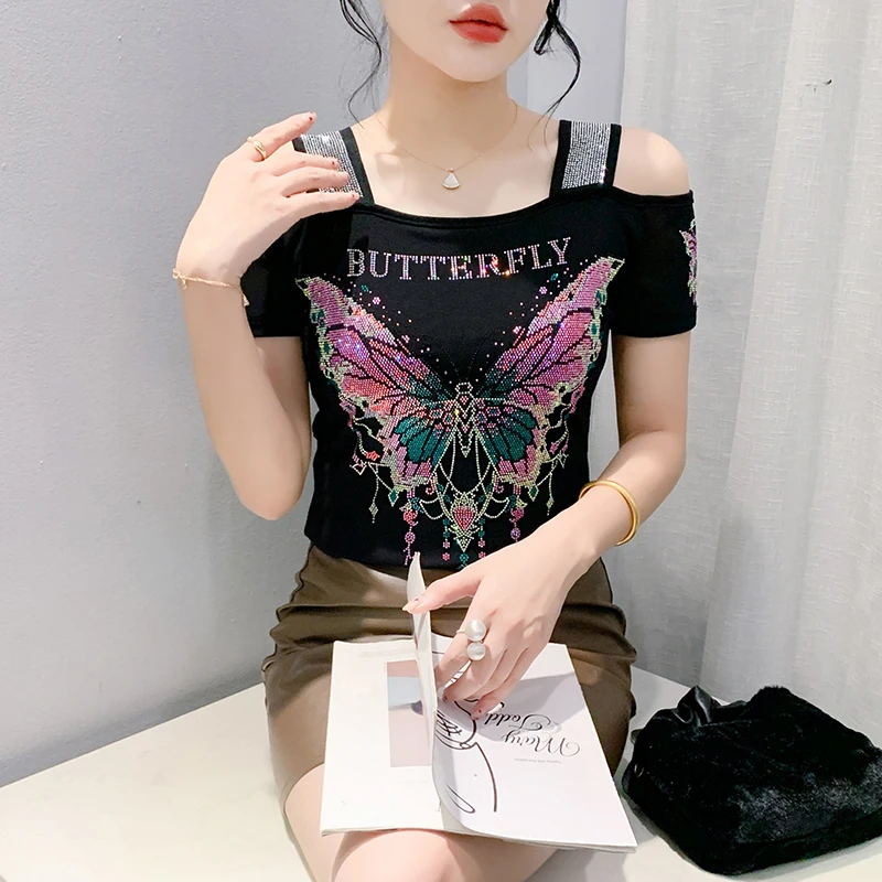 تيشيرتات شبكية ضيقة مكشوفة الكتفين لامعة للنساء ، تيشيرتات مصممة على شكل فراشة ، تيشيرتات فاخرة مثيرة ، صيف ، جديد #1