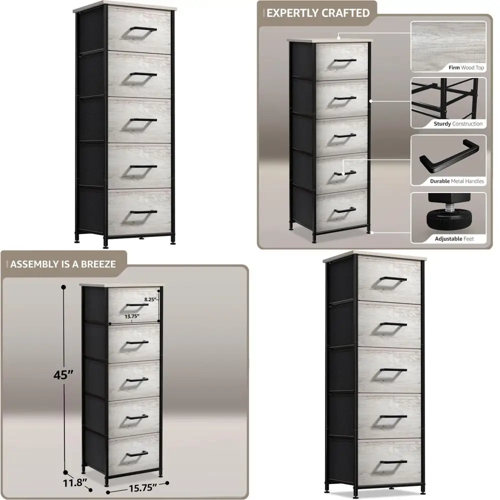 

5-Drawer Tall Bedside Chest with Faux Wood, Steel Frame, and Wood Top for Storage in Bedroom, Living Room, or Dorm