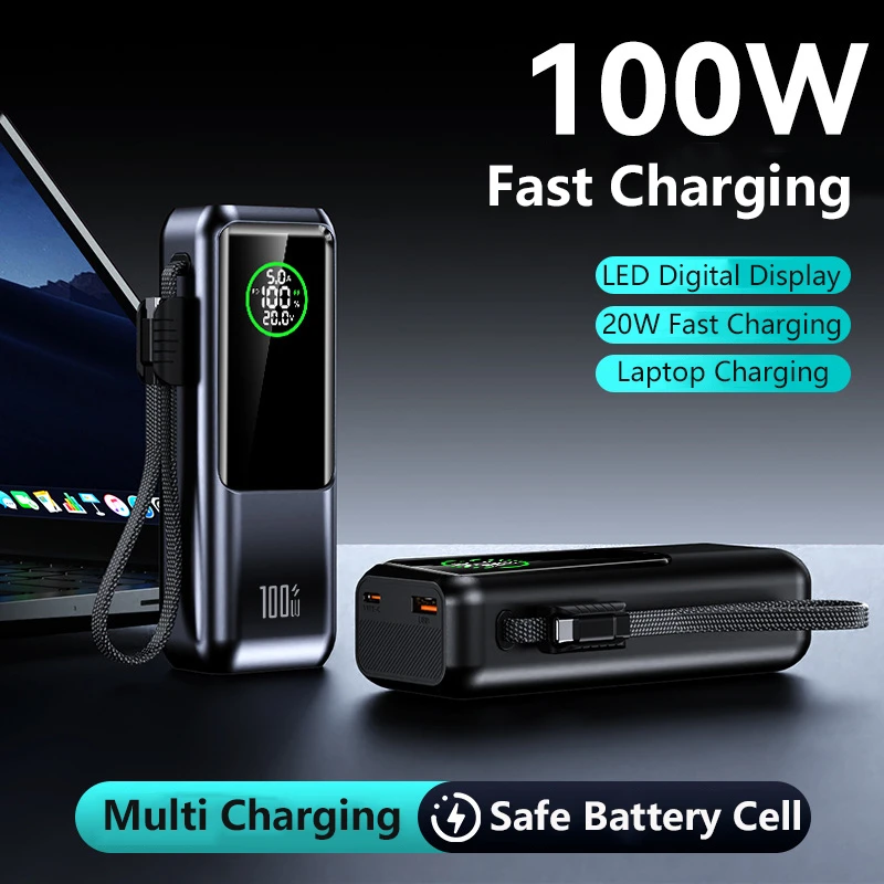 

20000mAh Power Bank PD100W Fast Charging Type C Portable Charger For Laptop iPhone 16 Samsung Powerbank with Cable Spare Battery