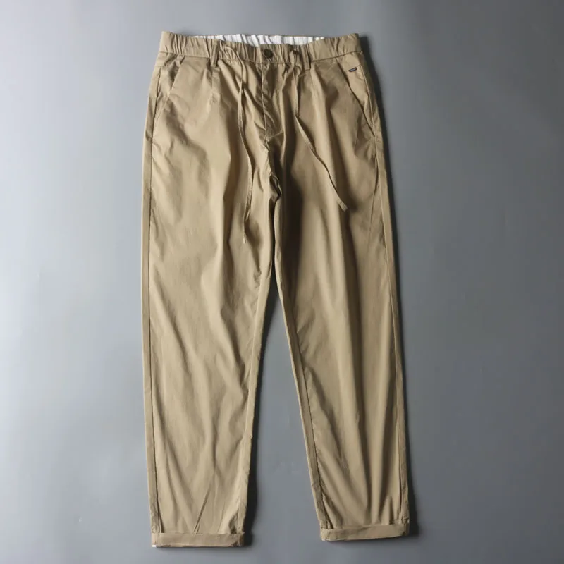 

Мужские повседневные брюки свободного кроя цвета хаки из ледяного шелка с поясом, тонкие, летние, дышащие, длинные, модные, городские, прямые брюки