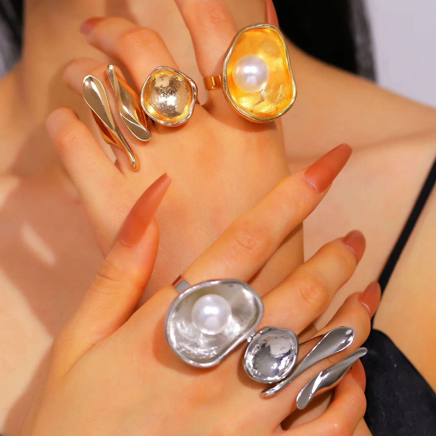 Charm Abstract Open Ring Set with Faux Pearl Irregular Geometric Statement Rings for Women Adjustable Stackable Finger Jewelry