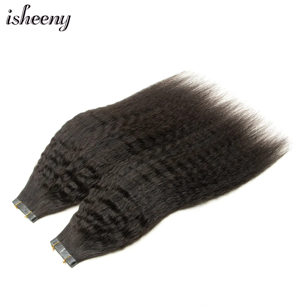 isheeny PU Weft Tape Hair Extensions Kinky Straight 12-30inch Natural Black Human Hair Bundles No Glue on Seamless Hair 40-50g