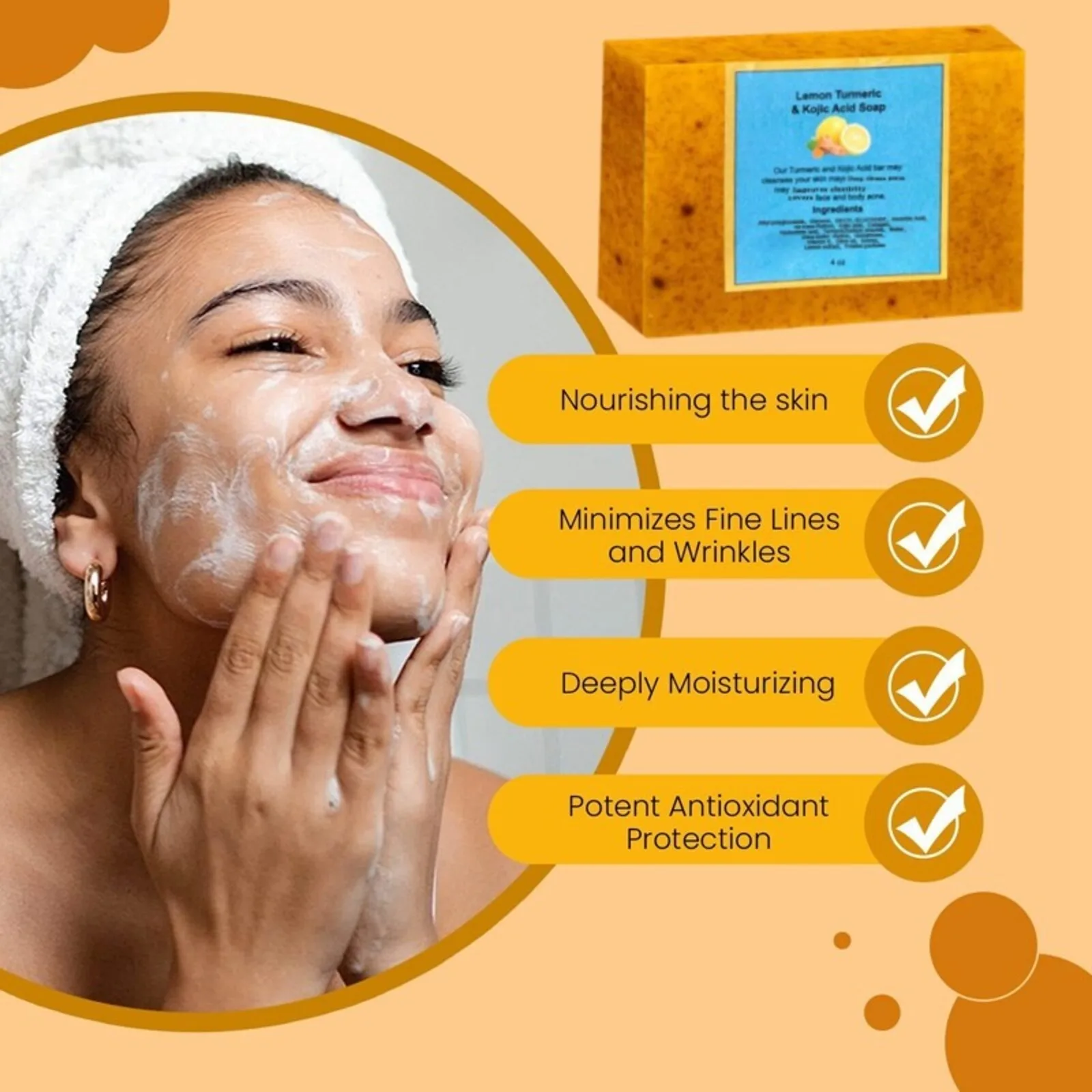 1Pcs Kojic Acid Soap, Lemon Turmeric Kojic Acid Soap, Turmeric Kojic Acid Soap for Dark Spots, Orange Kojic Acid Soap