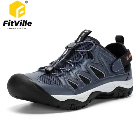 FitVille Men's Summer Sandals Wide Leather Hiking Sandal for Men Breathable Beach Water Aqua Shoes for Men Slippers Arch Support