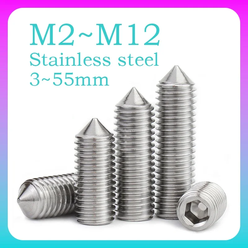 5~50 Pcs Hexagon Socket Set Screw 304 Stainless Steel M2 M2.5 M3 M4 M5 M6 M8 M10 M12 Hex Socket Cone Point Grub Screw