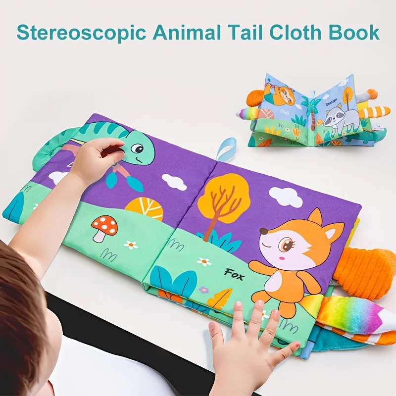 High Contrast Baby Toy, Baby Tail Cloth Book, Soft Cloth Book with 3D Animal Tails High Contrast Colorful Touch Feel