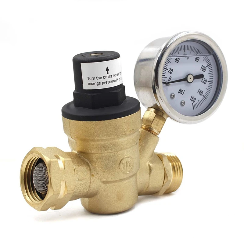 Adjustable Water Pressure Regulator RV Brass Water Pressure Reducer With Gauge And Inlet-Screened Filter