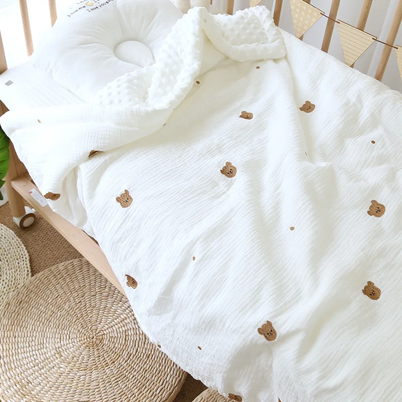 

Winter Embroidered Cherry Bear Baby Bedding Quilt Muslin Cotton Kids infant Bed Quilts Blanket Cot Crib Blankets Comfort Plaid