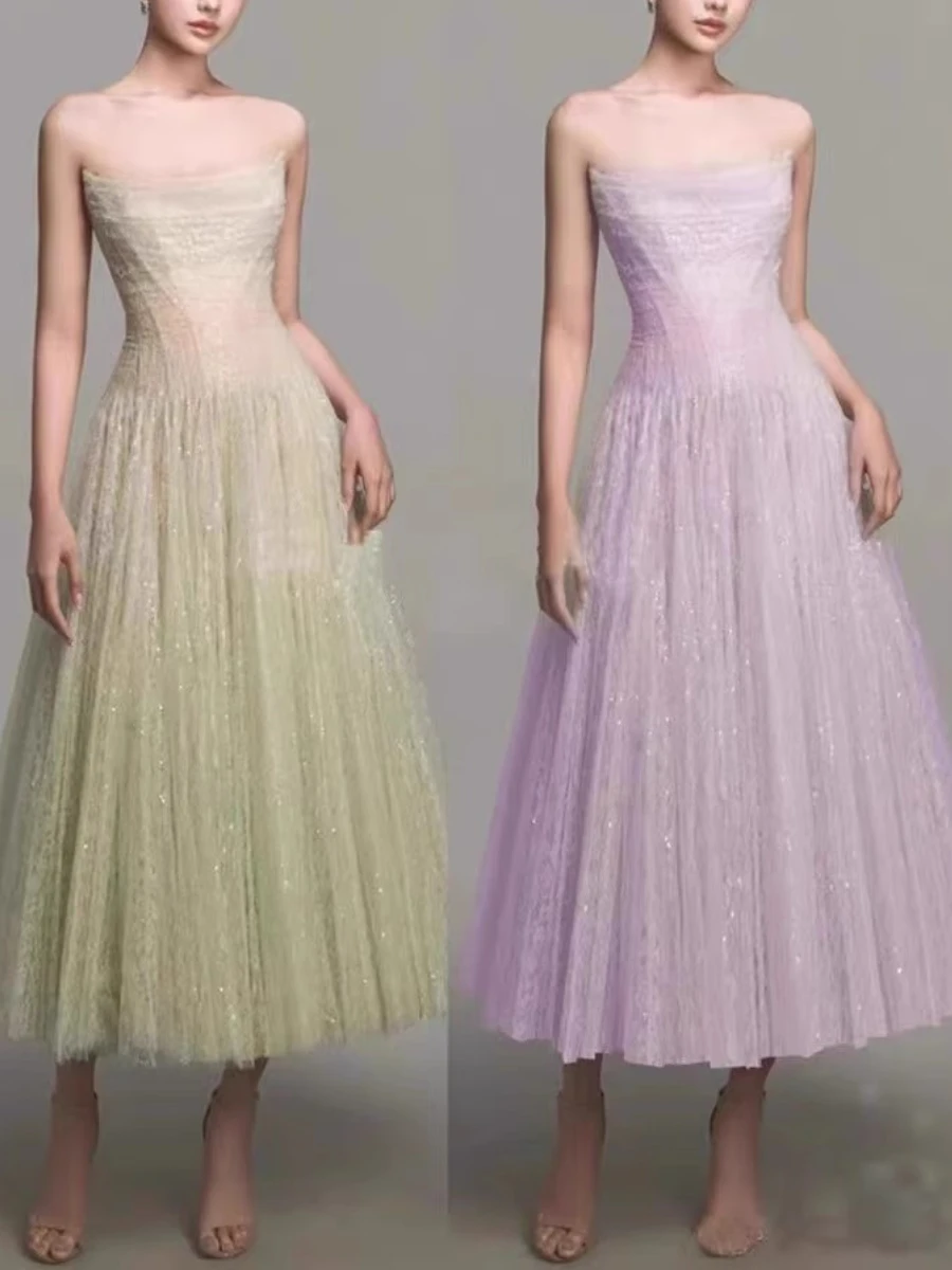 TWOTWINSTYLE Solid Sheer Spliced Mesh Elegant Midi Dresses for Women Strapless Sleeveless Patchwork Folds Dress Female Fashion