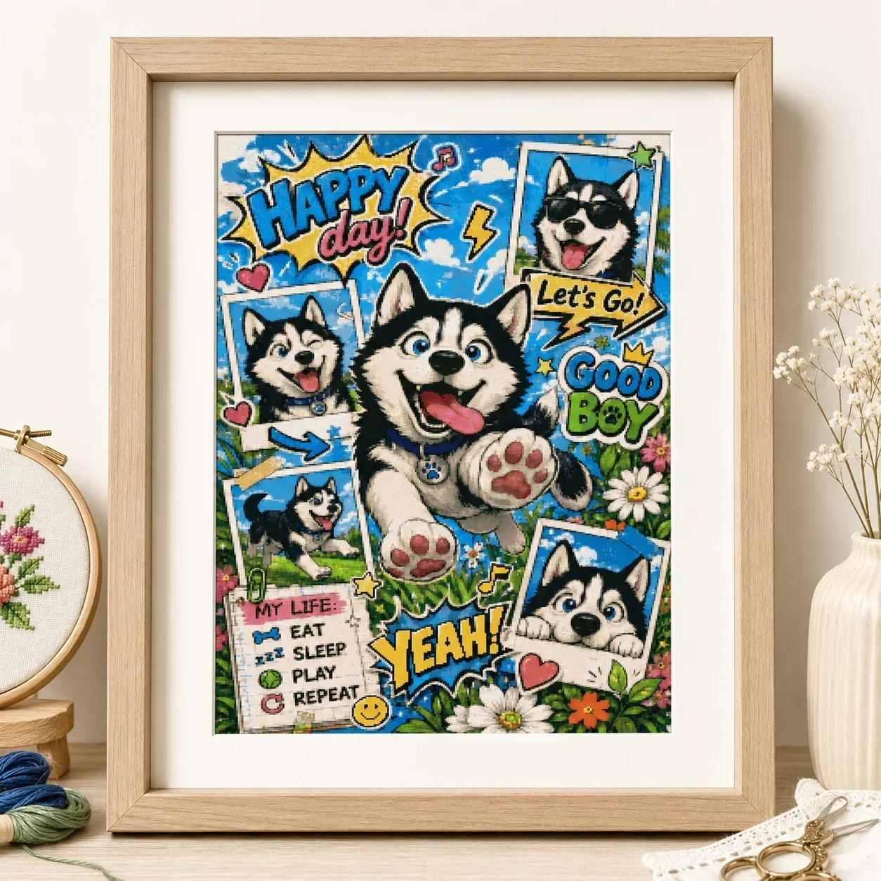 Stamped Cross Stitch Kit 11CT 14CT 16CT 18CT Pre Printed Canvas Cotton Thread DIY Embroidery for Wall Decor[ZZ8692-Happy Husky]