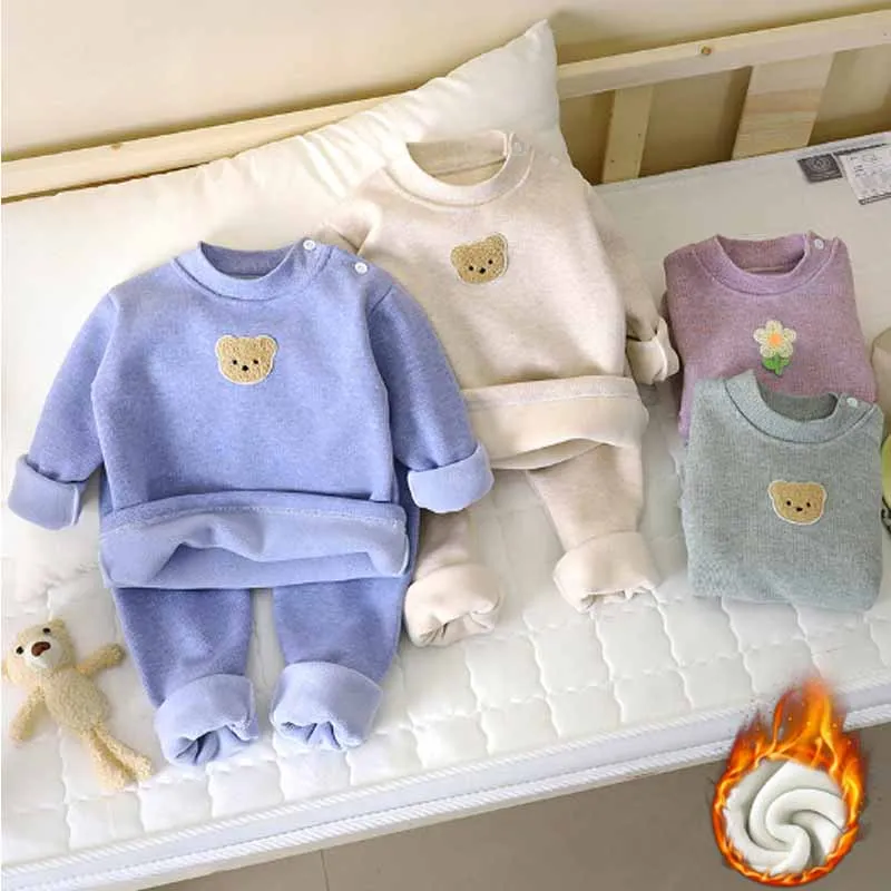 Children's Fleece Sets Winter Thickened Suit Boys Cartoon Top Trousers 2Piece New Girls Pyjama Outfits Autumn Casual Homewear