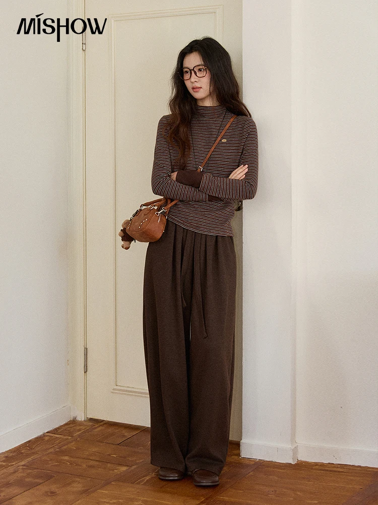 MISHOW الياقة المدورة المرأة متماسكة أعلى 2025 الخريف الرجعية مخطط سليم صالح طويلة الأكمام أعلى لينة الدافئة الكفة الربط البلوز MXE87Z2686 #2