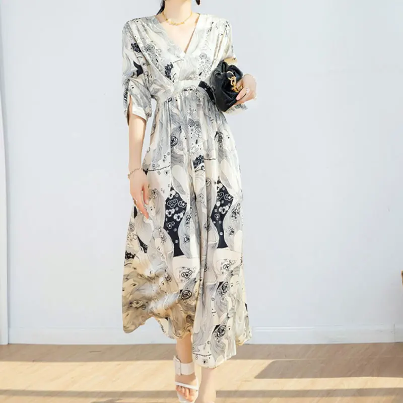 Vintage French Style Long Dress Elegant V-Neck Spring Summer Half Sleeve Female Clothing A-Line Waist Stylish Printed Dresses