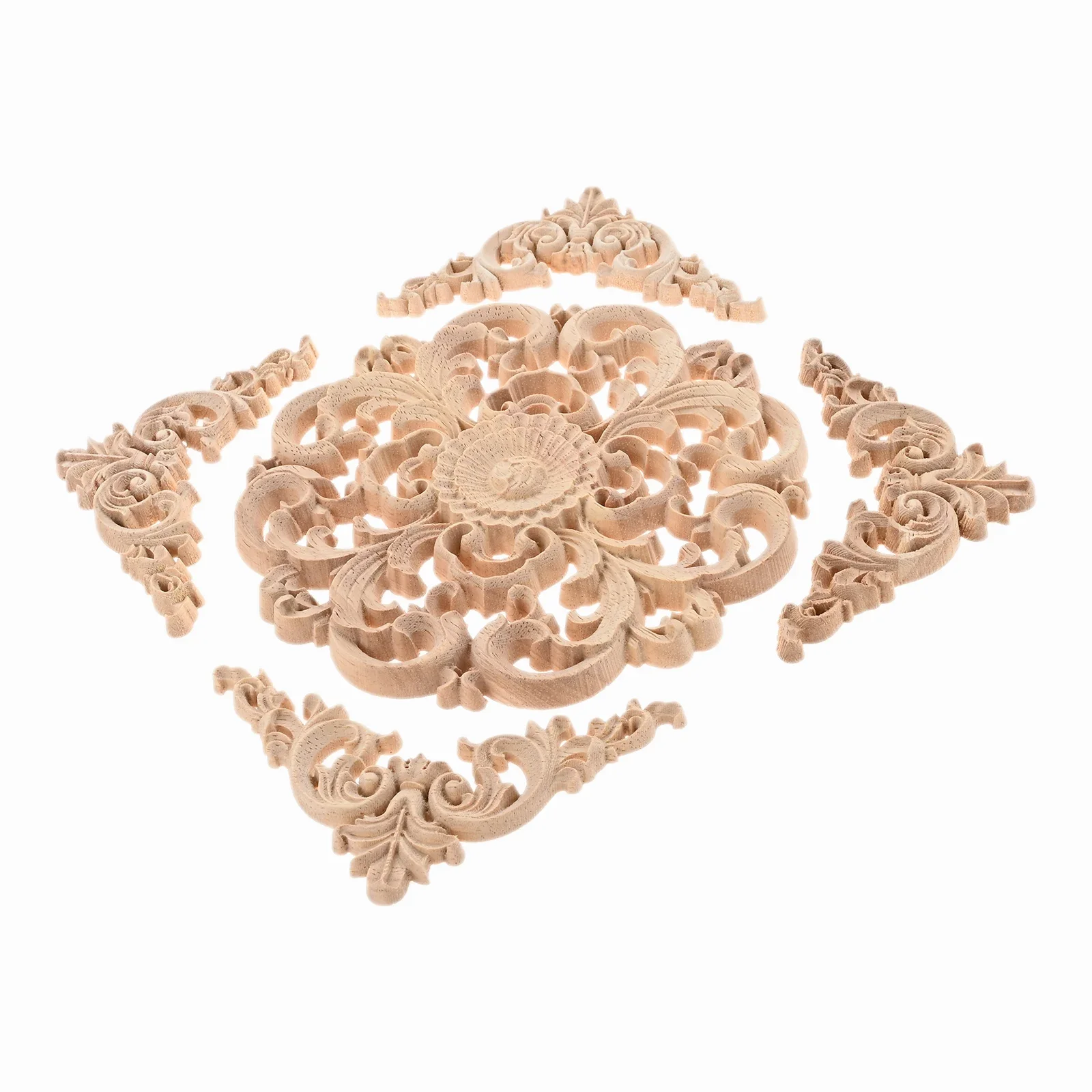 5pcs/kit European Flower Carved Unpainted Wood Appliques Onlays for Bed Door Cabinet Wardrobe Furniture Decoration DIY Color