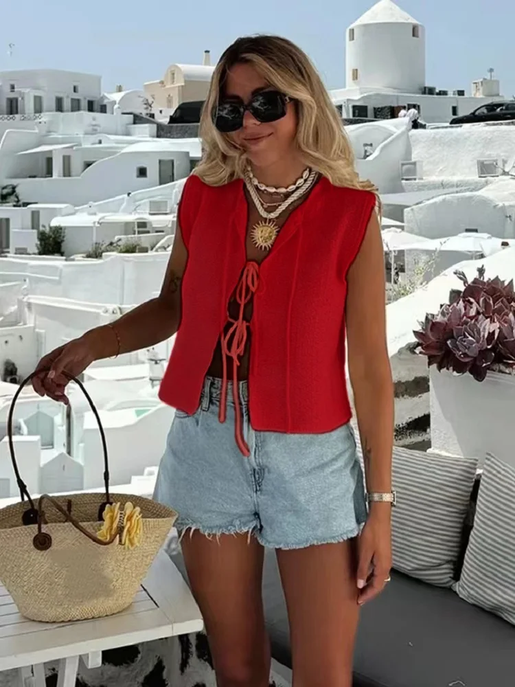 Women Fashion Red Lace Up Knitted Vest Tank Tops Vintage O-Neck Sleeveless Female Chic Lady Top