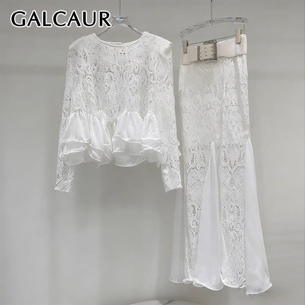 

Новый комплект GALCAUR: облегающий топ с круглым вырезом и длинными рукавами, ажурными вставками и юбка из сетки в стиле пэчворк для женщин