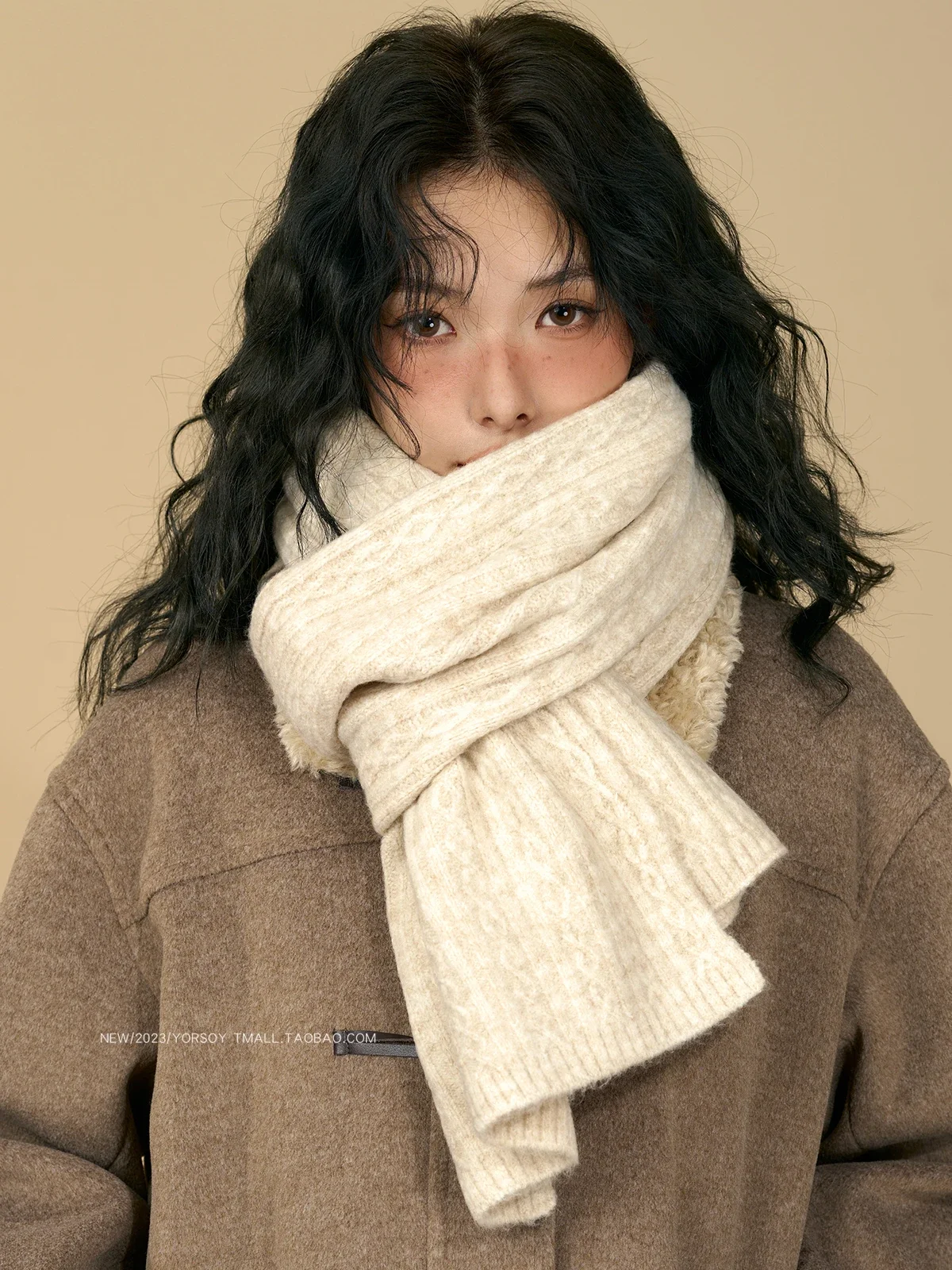 Beige solid color scarf women's winter retro twist warm thickened knitted wool college style