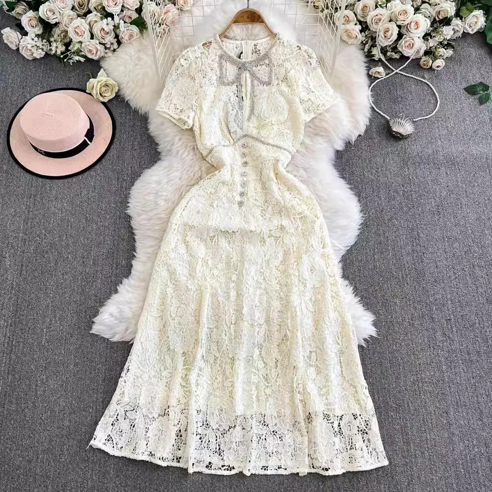 Runway French Vintage Spring Lace Hollow Out Party Long Dress Elegant Women Diamonds Bow O Neck High Waist Short Sleeve Robe