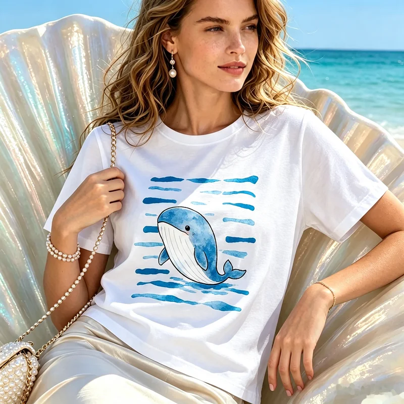 Kawaii Whale Ocean Water Stripes Art T Shirt Navy Premium Cotton Short Sleeve Marine Animal Beach Vacation Souvenir Gift Tee