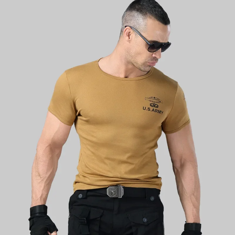 2024 Men\'s Army T Shirt Summer Military Cotton T-shirt Body Sculpting Short Sleeve High Elasticity Stretch Slim Fit Male Tshirt