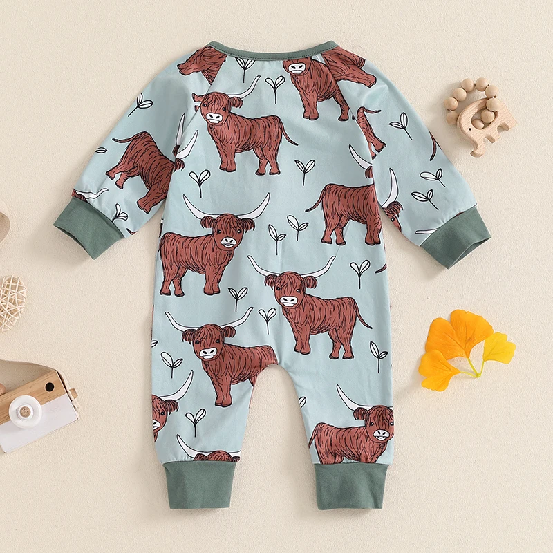 Western Baby Girl Boy Clothes Cow Print Romper Long Sleeve Zipper Bodysuit Jumpsuit Fall Winter Clothes 0 3 6 12 Months