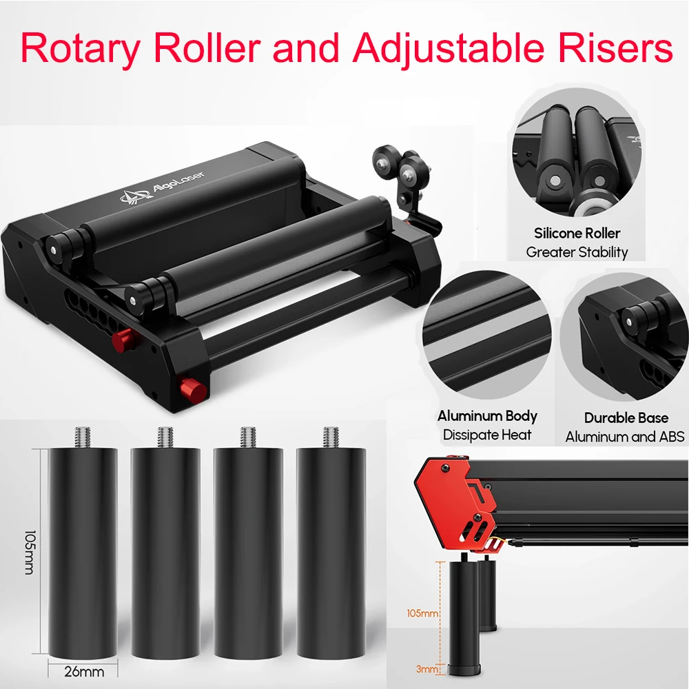 Algolaser Rotary Roller and Adjustable Risers Compatible with Algolaser Laser Machines for Engraving Cylindrical Objects