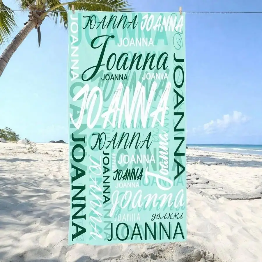 Personalized Joanna Typography Beach Towel, Modern Artistic Collage Design With Teal Mint Green And White Fonts, Ultra-Soft Quick-Drying Absorbent Sand-Proof Microfiber For Swimming Pool Camping Trave