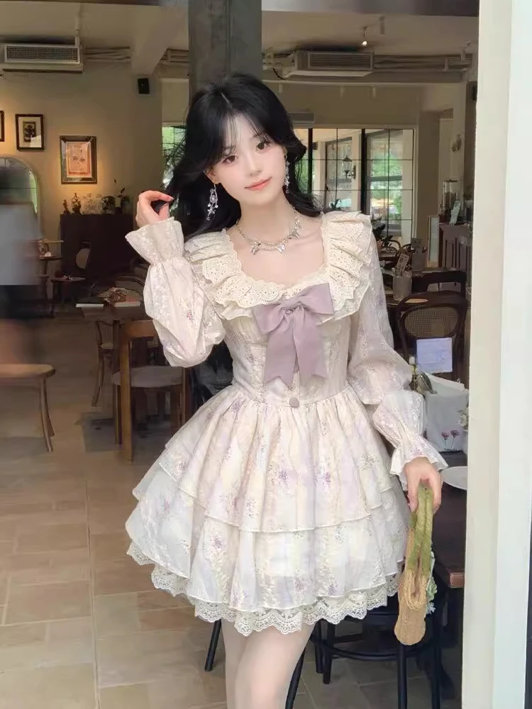 ชุดเดรสเจ้าหญิงสไตล์ฝรั่งเศส ไซส์ใหญ่ สำหรับฤดูใบไม้ร่วงและฤดูหนาว ดีไซน์หวานละมุน แต่งโบว์ คอเหลี่ยม แขนยาว ทรงเค้ก แฟชั่นเอวสูง