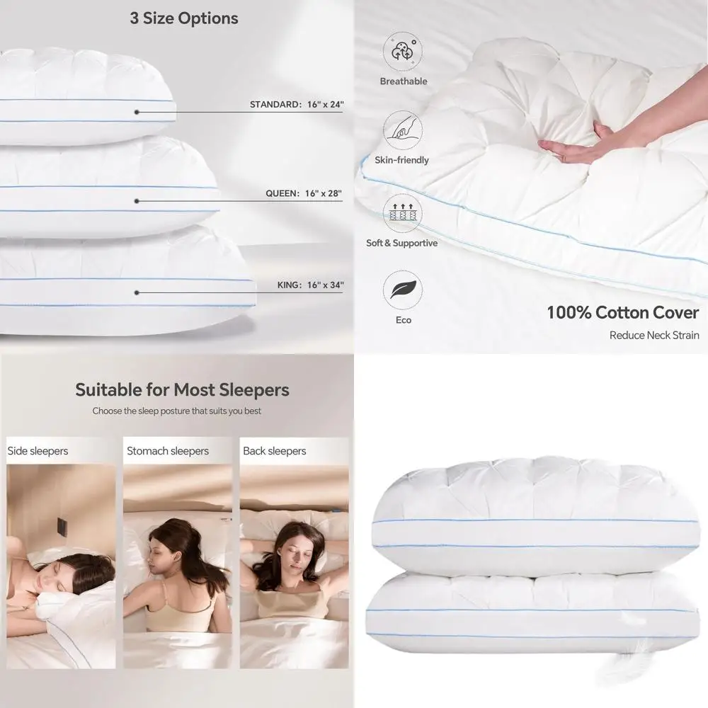 

Premium Goose Down Pillows with 100% Cotton Cases, Ideal for Various Sleeping Positions, Standard Pair