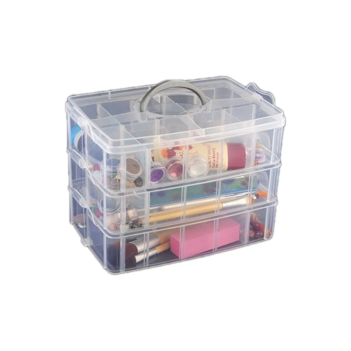 3-lagige transparente Kunststoff-Aufbewahrungsbox, Schmuck-Organizer, abnehmbare Fächer, Tragegriff, Make-up-Behälter
