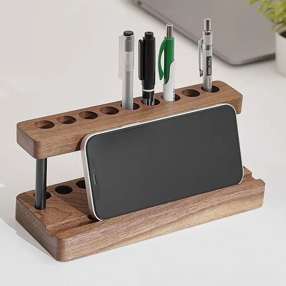 1PC Walnut Wood Pen Holder Desk Organizer Phone Stand Storage Retro Wooden Pen Holder Desk Stationery Pen Storage Phone Holder
