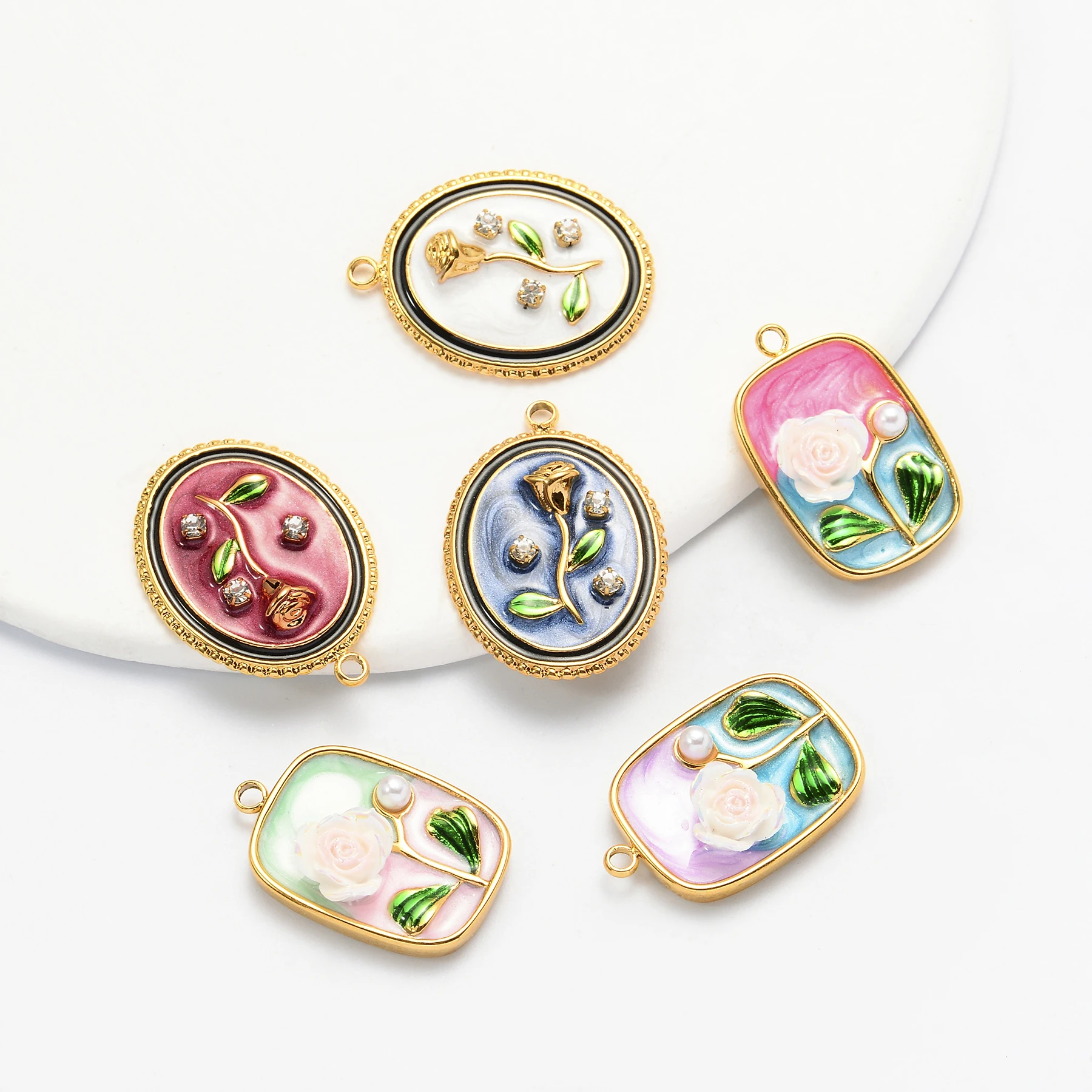 8Pcs Relief Rose Frame Charms Stainless Steel Flower Enamel  Accessories for Making Necklace Earrings Pendant Wholesale
