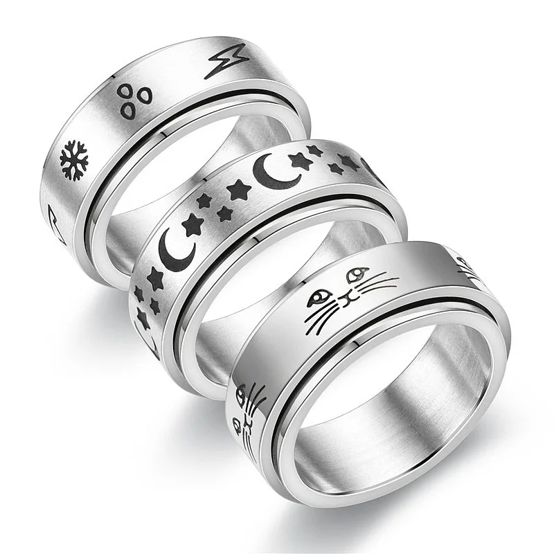 Hollow out cat Animal Stainless Steel Anti Stress Ring For Girl Anxiety Relief Spinning Knuckle Ring Fidget Metal Spinner Anillo