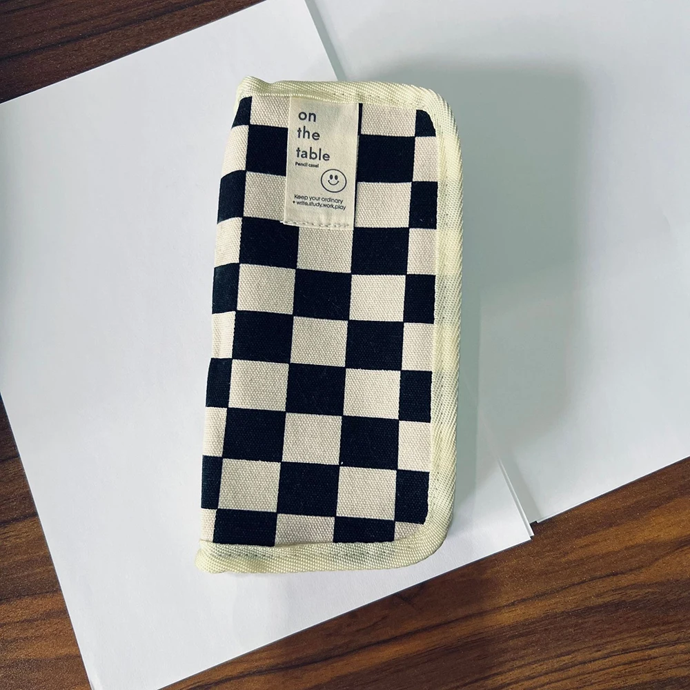 Simple Black and White Plaid Canvas Pencil Case, Student pencil case Stationery Storage Bag aesthetic stationery