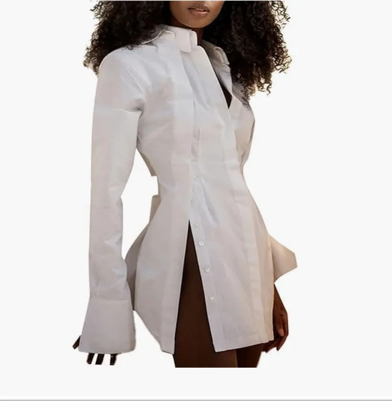 Frühlingsneues Damen-Hemd mit V-Ausschnitt, langärmeliges, langes Hemdoberteil mit Knopfleiste am Saum und geteiltem Ende