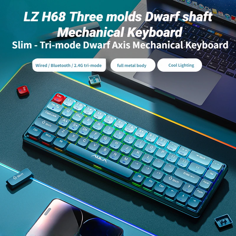 

MiFuny H68 Wireless Tri-mode low Axis Keyboard PBT Key Green-Red Shaft RGB Backlight Hot Plug Bluetooth Office Gaming Keyboard