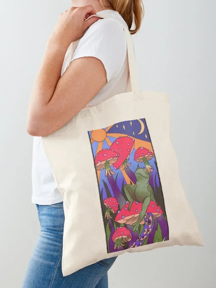Frog on trippy mushrooms lol Tote Bag tote bags aesthetic tote bag men Lady bags reusable shopping bag