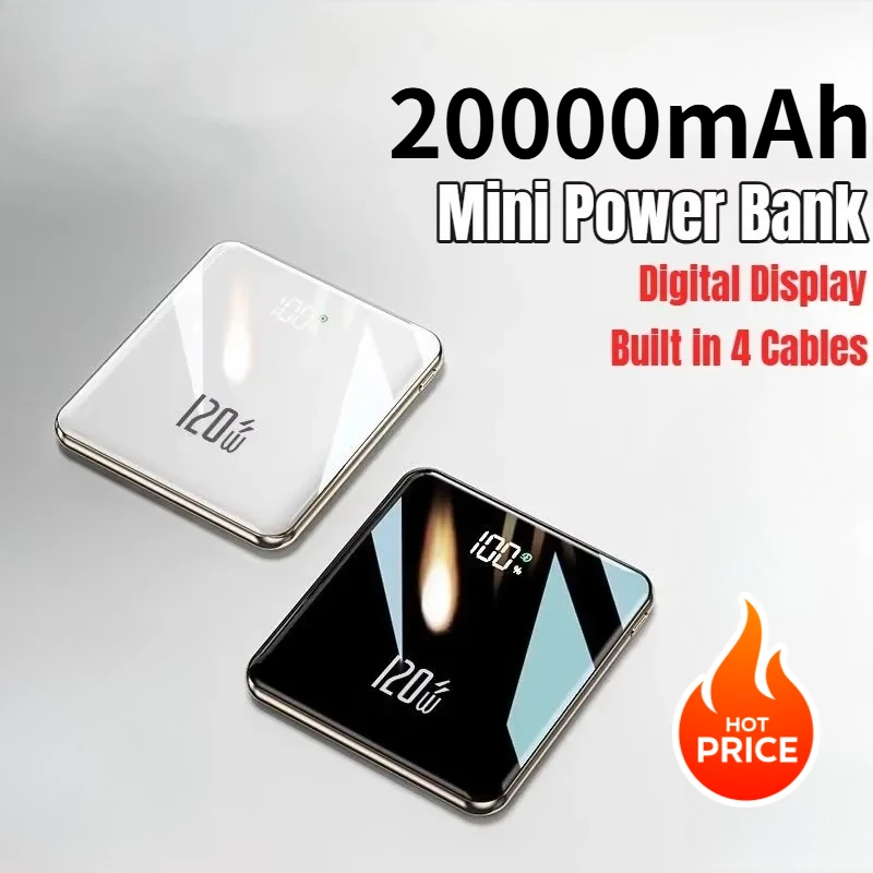 

20000mAh Mini Power Bank Large Capacity Super Fast Charging External Battery Built-in 4 Cables for IPhone Samsung