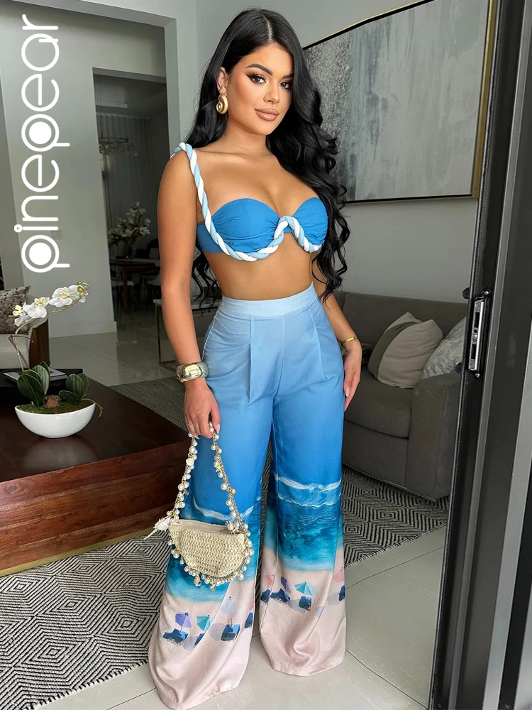 PinePear Fashion Blue Print Boho Beach Two-Piece Outfits Summer Bra Crop Top And Wide Legs Pants Sets Night Out Tracksuits 2024