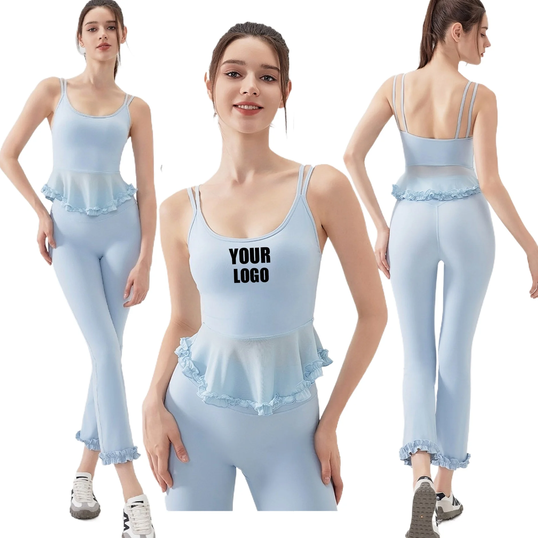 Personalized LOGO custom women's air-feeling yarn back yoga vest with chest pad fitness bra sports eight-point pants set