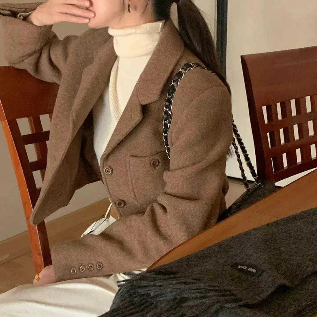 French Fashion Women Blazer Woolen Warm Thick Short Cut Winter Coat Single Breast with Pockets 2023