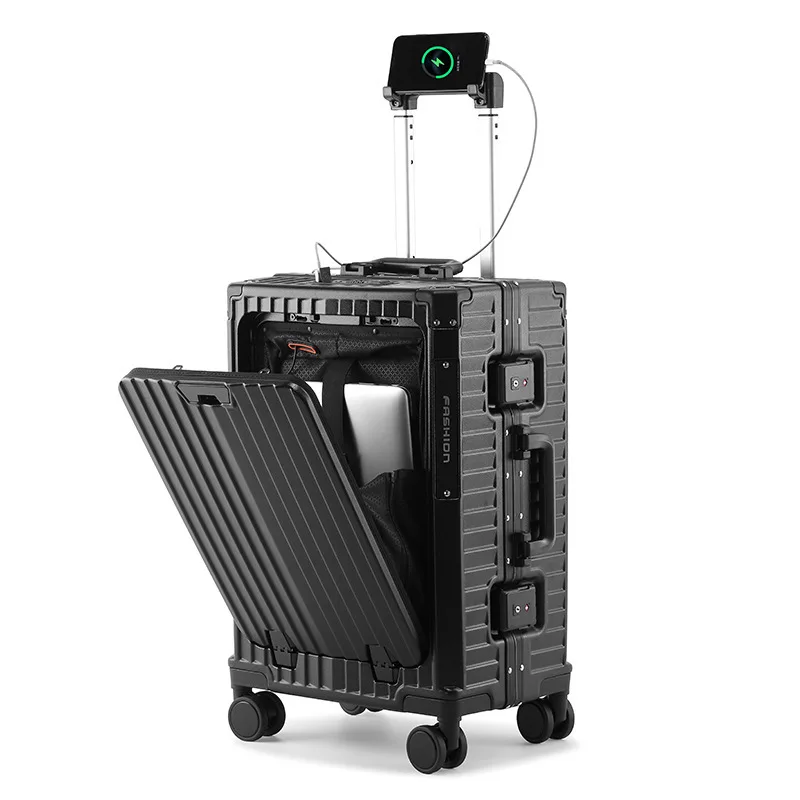 Business Travel Suitcase On Wheels Trolley Case Front Opening Computer Bag Password Box With Mobile Phone Holder Rolling Luggage