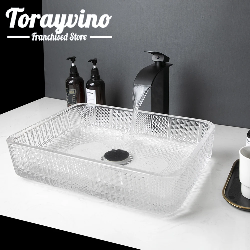 

Torayvino Bathroom Transparent Glass Basin Faucet Set Washbasins Multiple Combinations With Faucets Hot Cold Mixer Rectangle Tap