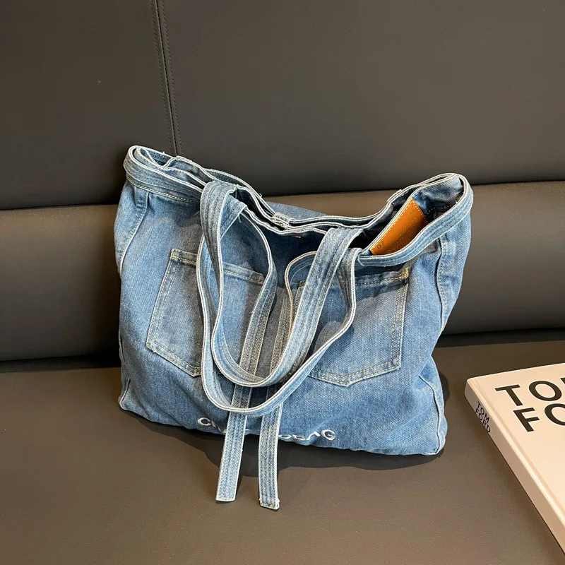 Japanese minimalist denim bag, female letter printed canvas bag