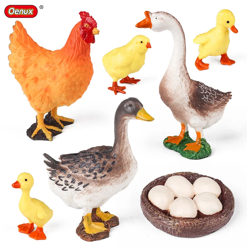 Oenux modelo de granja simulación ganso pato gallina pollito huevos figuras de acción aves de corral animales figura educativa lindo juguete para regalo para niños