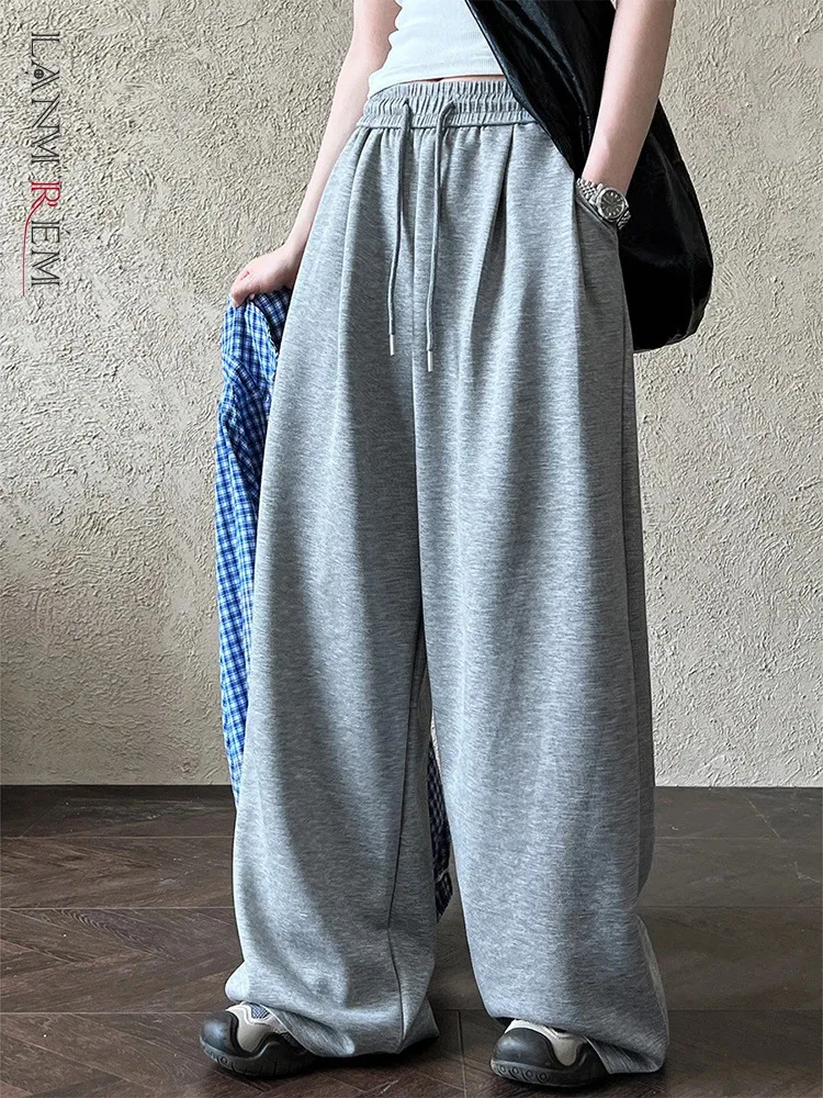 

[LANMREM] Drawstring Design Elastic High Waist Pant Women Straight Wide Leg Trousers Office Lady Clothing 2024 Autumn New 26C555